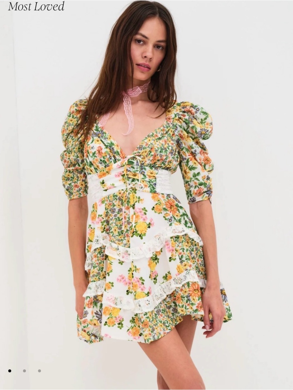 For Love & Lemons Floral Lace-Up Puff Sleeve Mini Dress in Yellow, Green & Pink